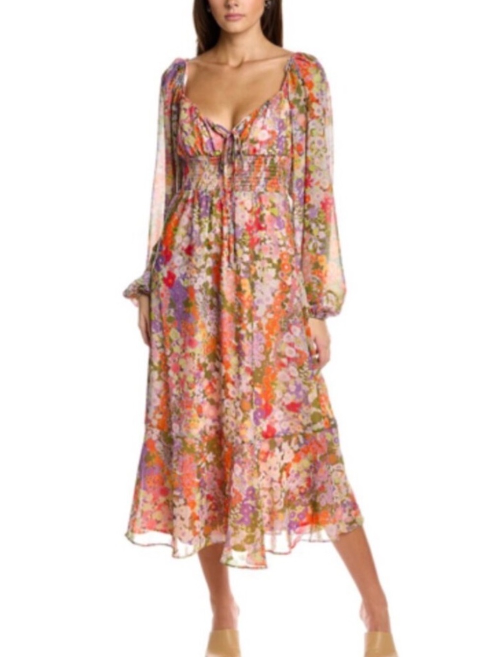 Hutch Women Multicolor Floral Tie-Neck Blouson Sleeve Midi Dress